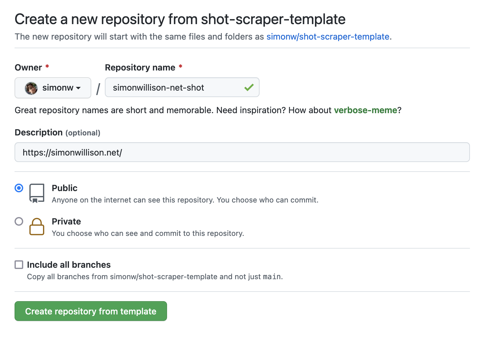 Screenshot of the interface for creating a new repository with this template, showing the URL pasted into the description field