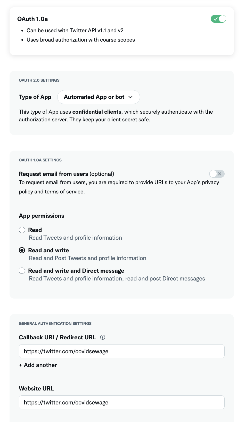 Screenshot showing settings - I set it to read-write permissions with OAuth 1.0 and filled out the website and callback URI fields