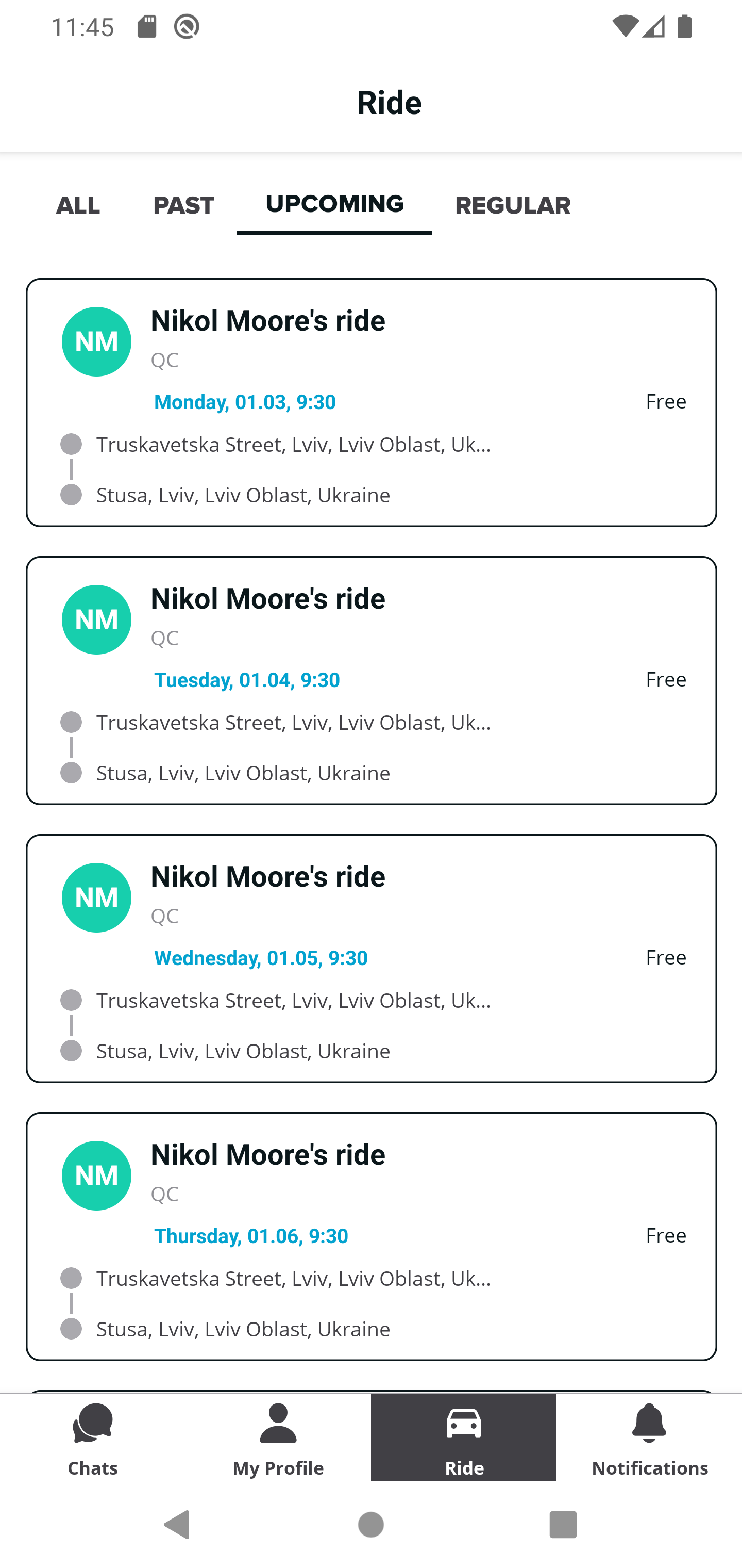 [Home page, Upcoming tab] Wrong schedule of the ride is displayed after ...