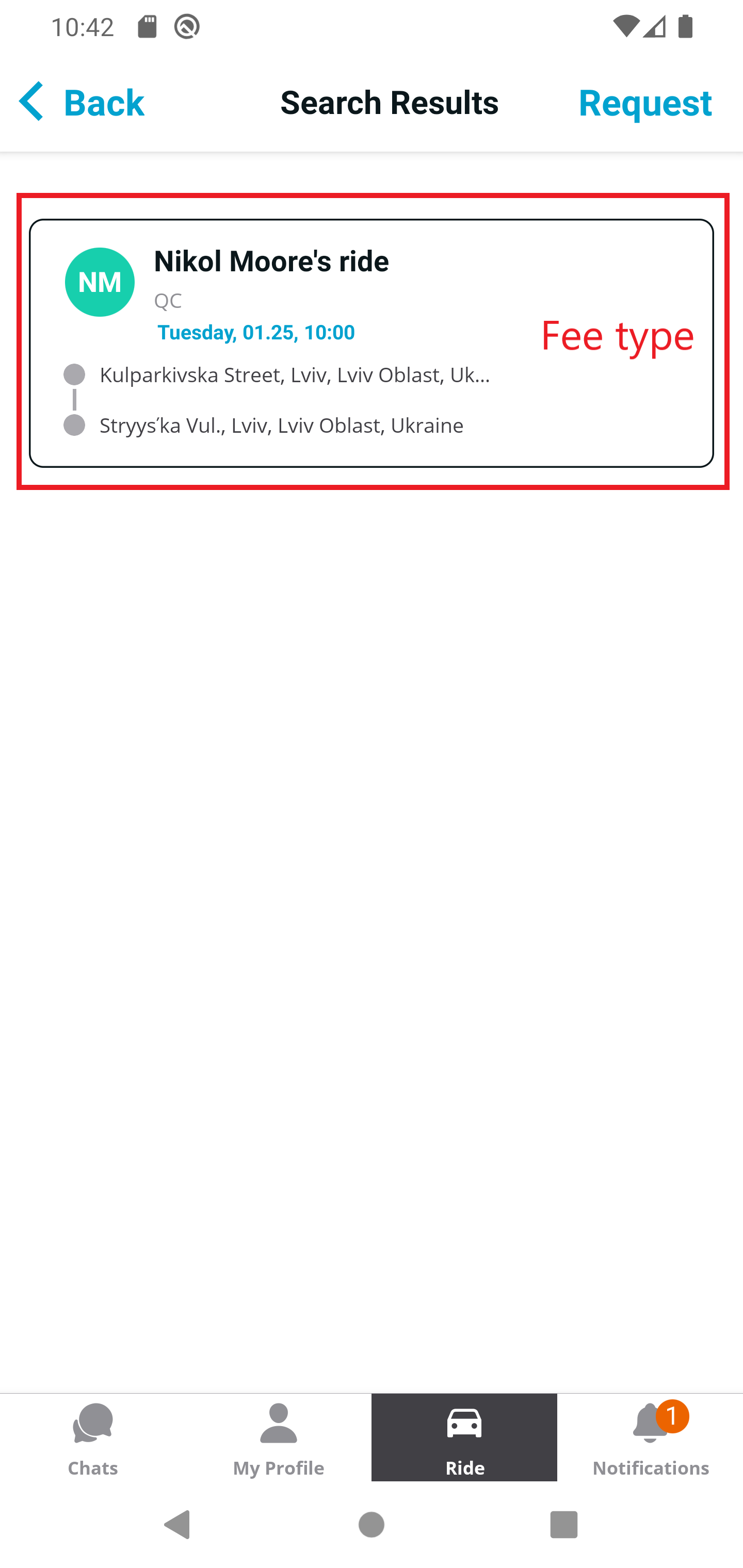 [Search results page] No fee type is displayed in the container of a ...