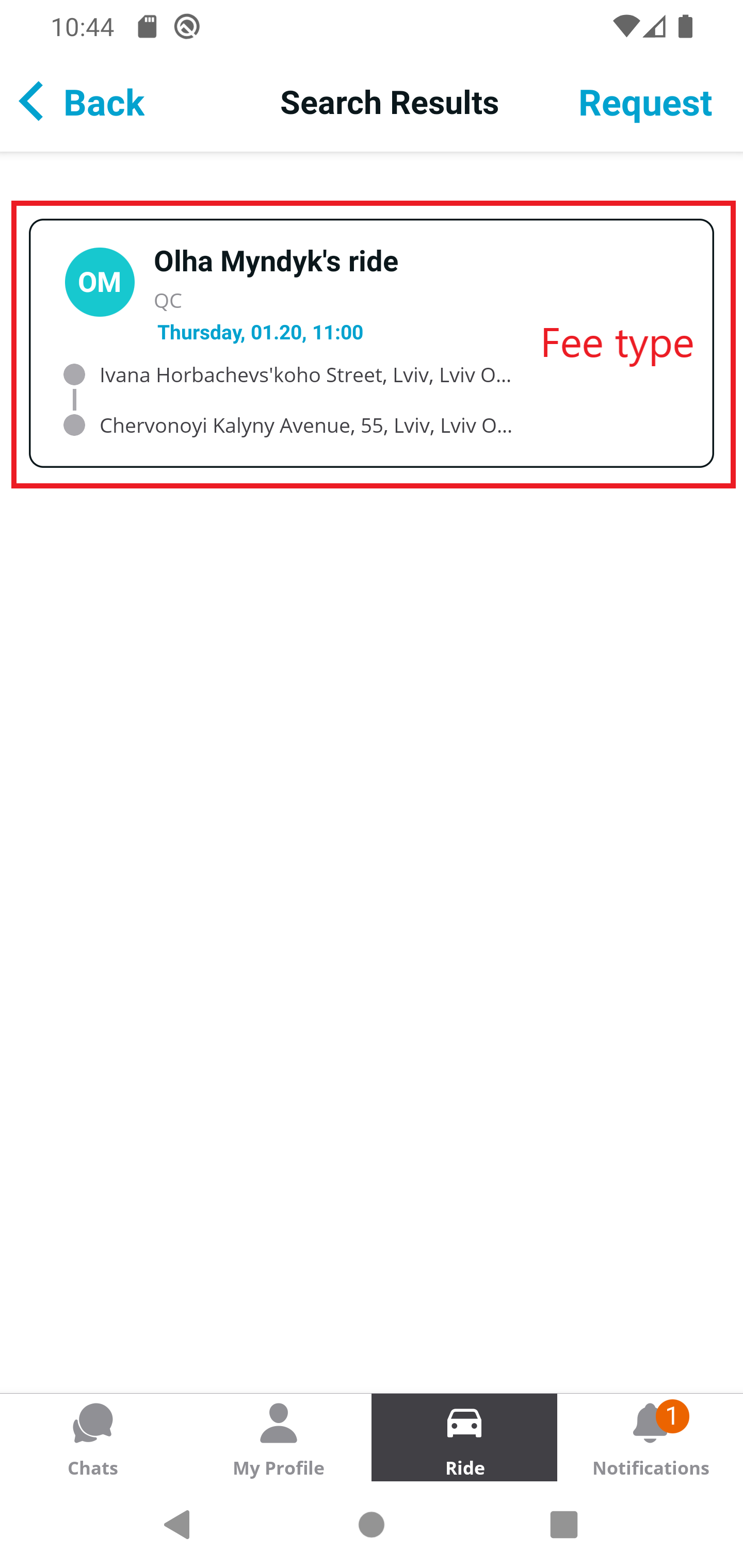 [Search results page] No fee type is displayed in the container of a ...