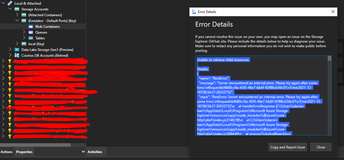 Unable to retrieve child resources. Local & Attached Storage Accounts