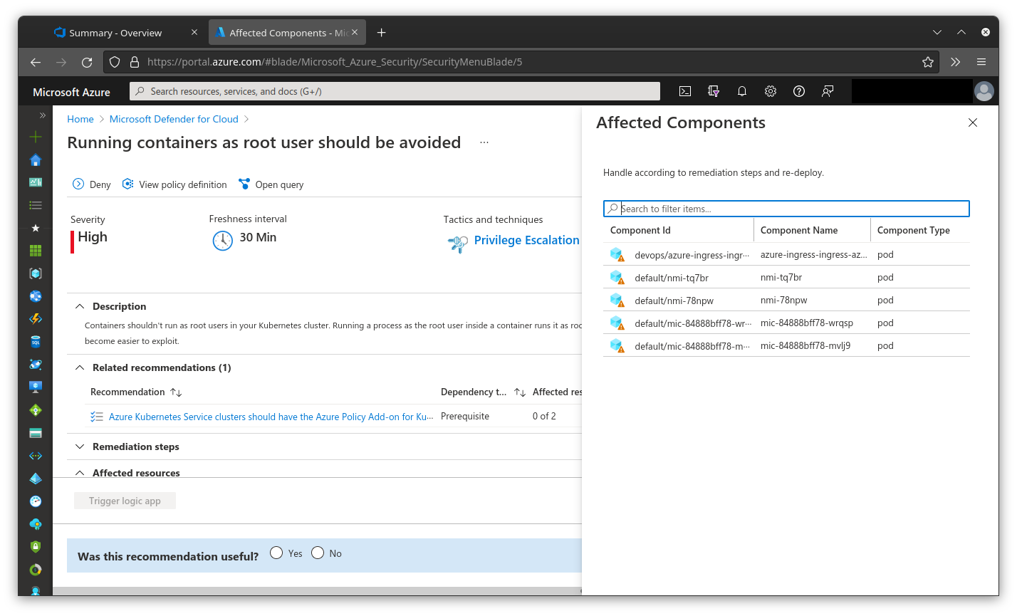 Azure Security Benchmark Regulatory Compliance Running containers as