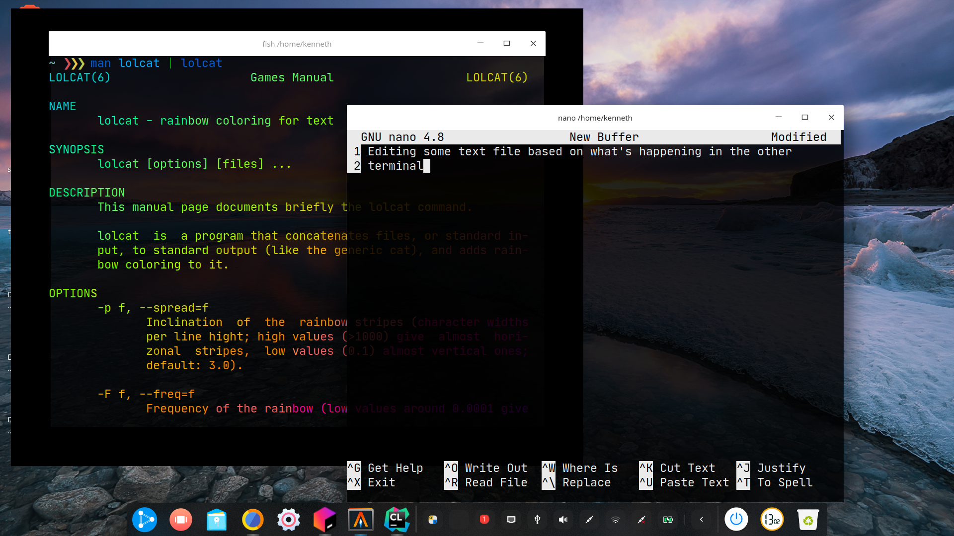 Using the desktop metaphor, a terminal window with nano open showing the text "Editing some text file based on what's happening in the other terminal" is partially overlapping another terminal window with the manual page for lolcat shown