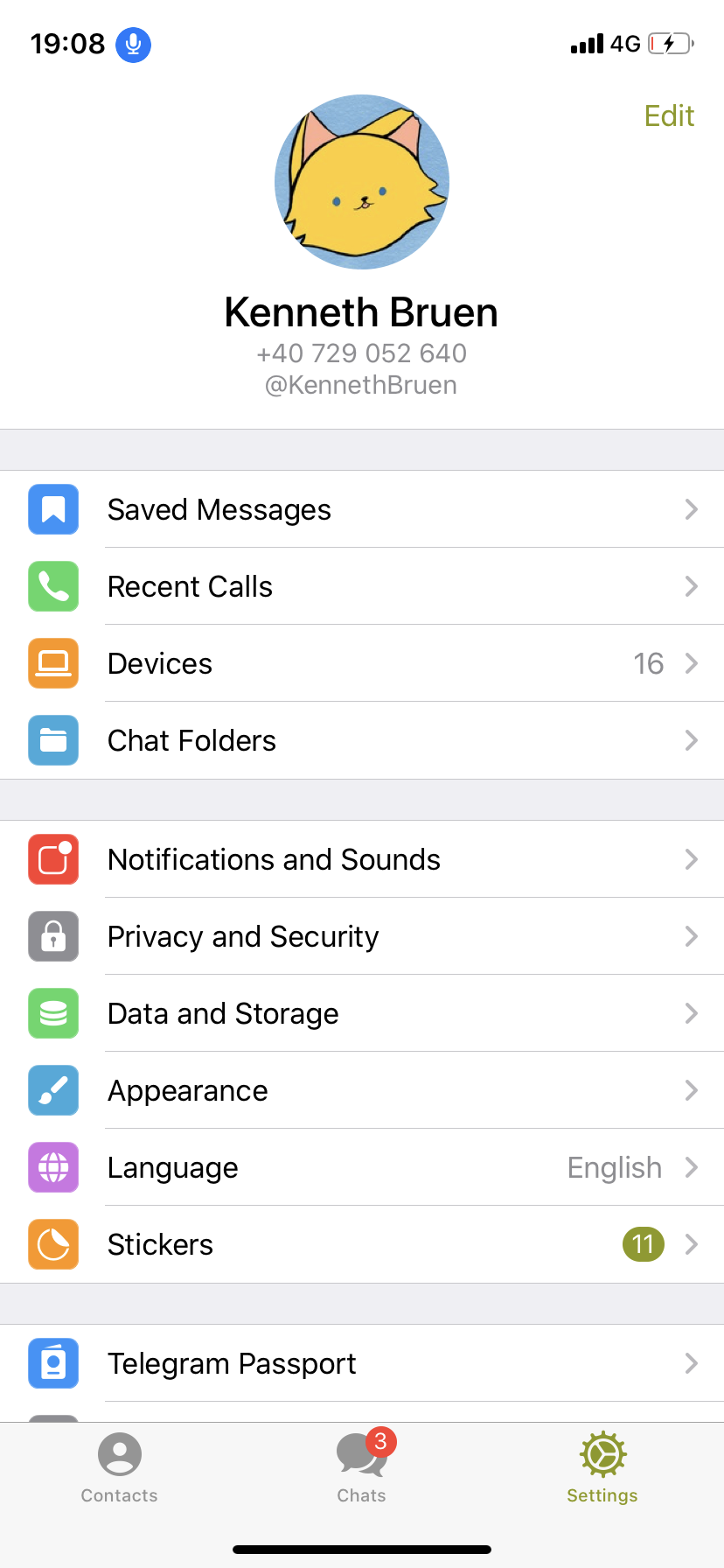 Screenshot of the Telegram settings page with the "show labels" Voice Control command executed