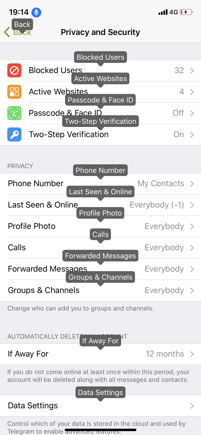 Screenshot of the Privacy and Security screen in the Telegram app