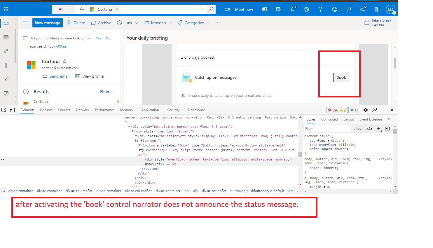 after activating the 'book' control narrator does not announce the status message (1)