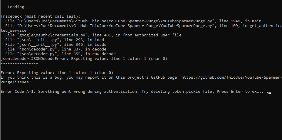 It says error traceback · Issue #158 · ThioJoe/YT-Spammer-Purge · GitHub
