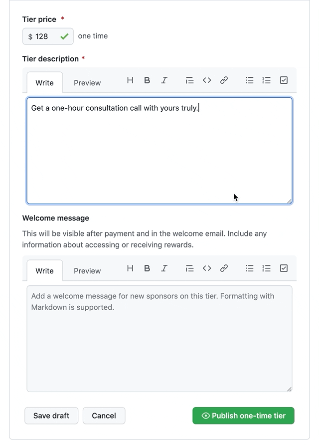 Filling out a welcome message for a new tier