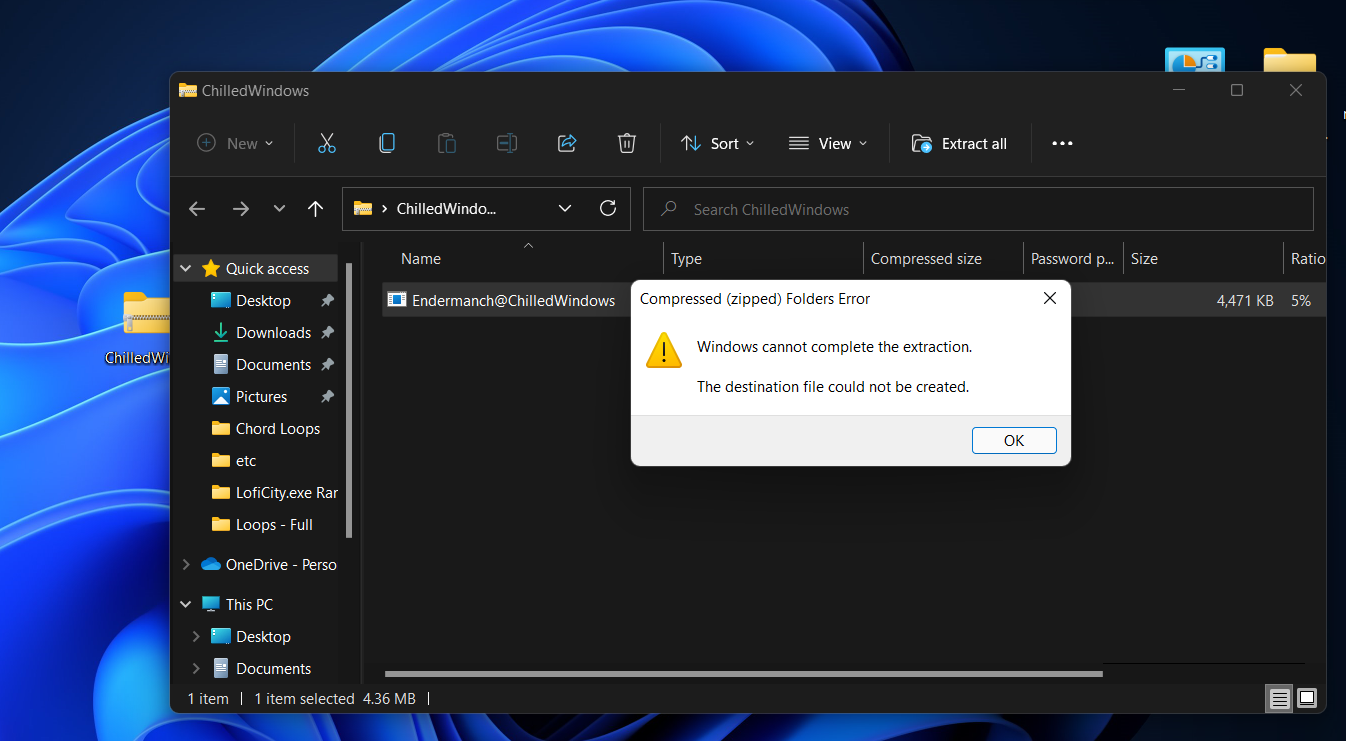 Nothing opens, it saids the destination file could not be created