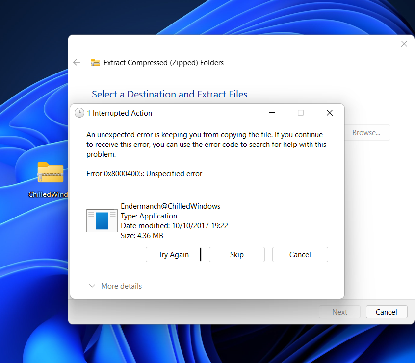 Nothing opens, it saids the destination file could not be created
