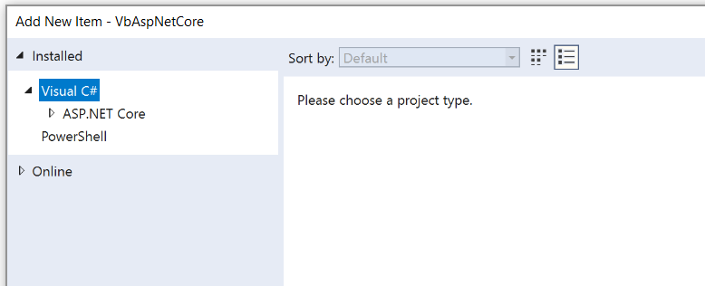 In a VB ASP.NET Core Project on adding new Items C# elements are being ...