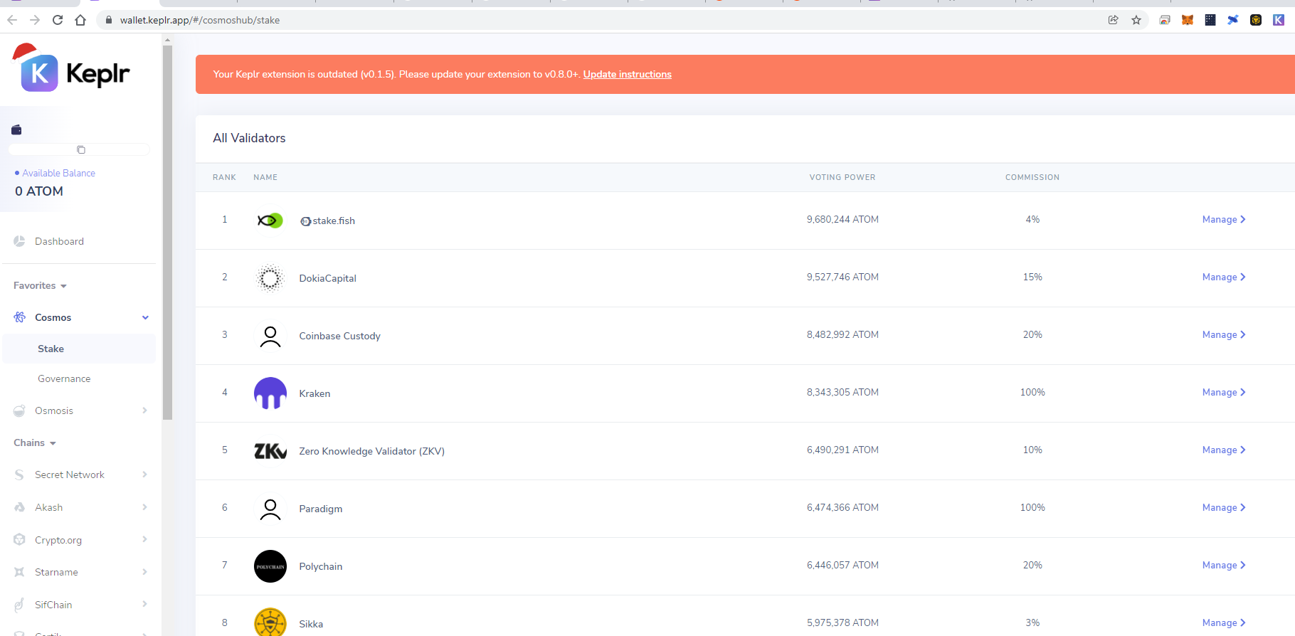 Chrome Displays "Your Keplr extension is outdated (v0.1.5). Please