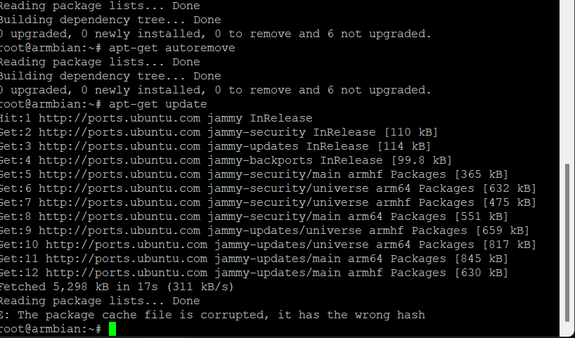 魔百和M401a 芯片s905L3a 不知道为什么会提示E: The package cache file is corrupted, it ...