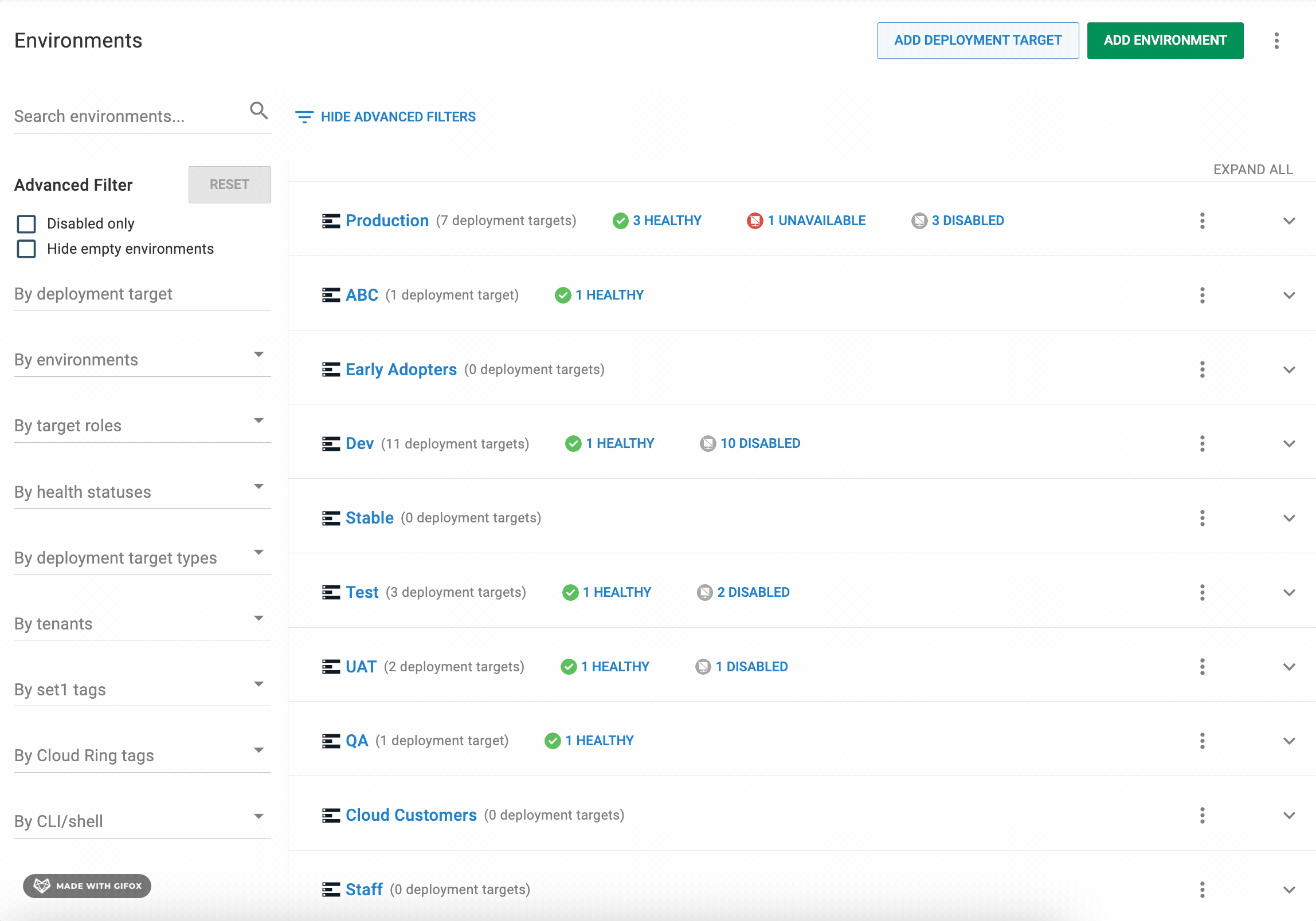 Infrastructure > Environments Filtering by deployment targets do not