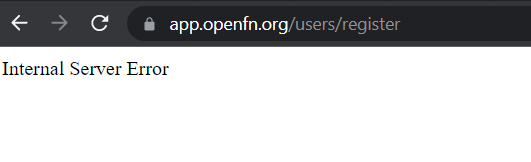 Registration Submission on app.openfn.org shows `internal server error ...