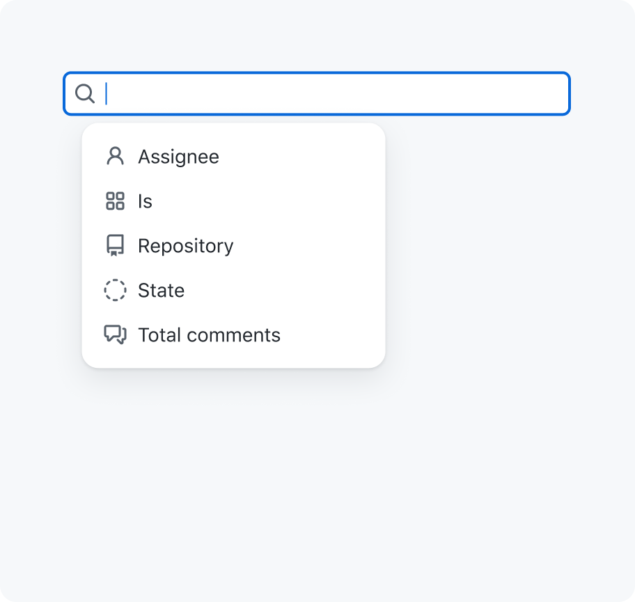 An empty filter input showing initial suggestions: 'Assignee', 'Is', 'Repository', 'State' and 'Total comments'