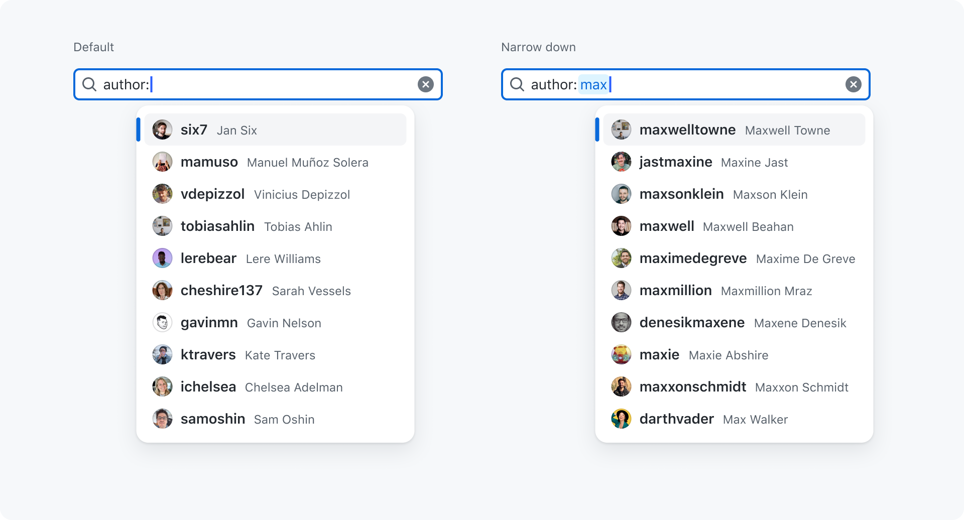 Two examples of the filter input. One has the value `author:` and is suggesting a few users to pick from. The other one has the value `author:max` and is suggesting a few users with `max` in their name or username.