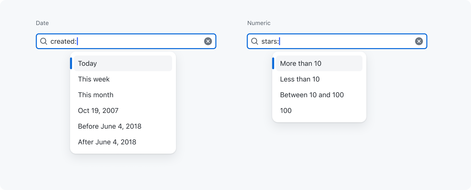 Two example of qualifiers that return static data. The 'created' qualifier suggests: 'Today', 'This week', 'This month', 'Oct 19, 2007', 'Before June 4, 2018' and 'After June 4, 2018'. The 'stars' qualifier suggests: 'More than 10', 'Less than 10', 'Between 10 and 100' and '100'