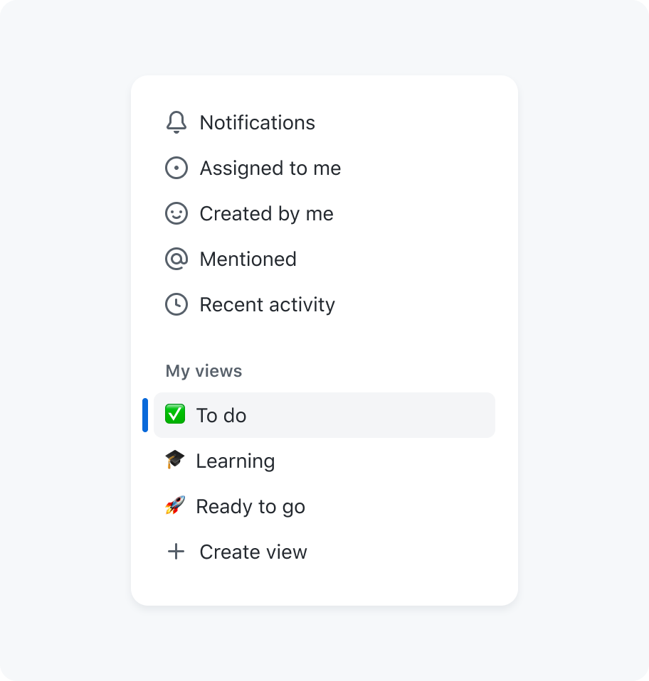 A navigation side bar with multiple items including 'To do', 'Learning' and ''Ready to go. Each item has a emoji assigned and is displayed on the left of the text.