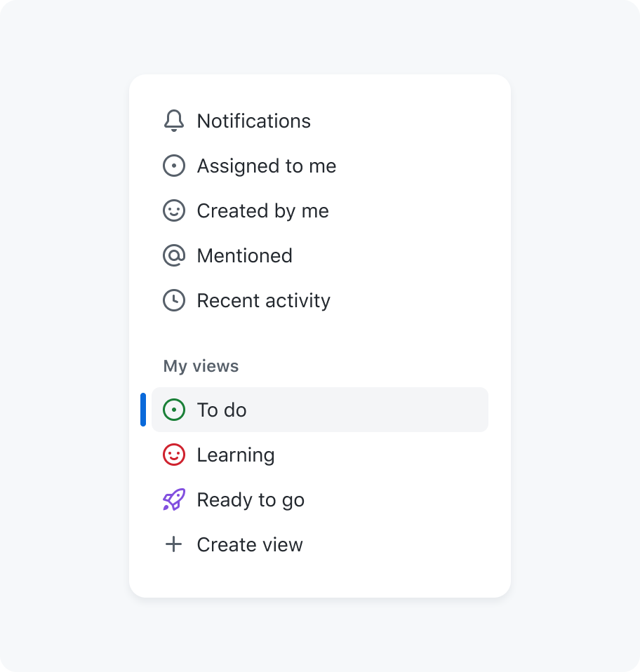 A navigation side bar with multiple items including 'To do', 'Learning' and ''Ready to go. Each item has an octicon assigned that is displayed on the left of the text.