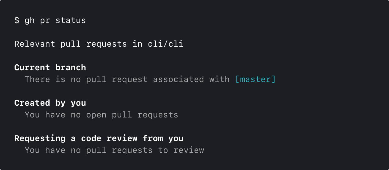 The empty state of the gh pr status command