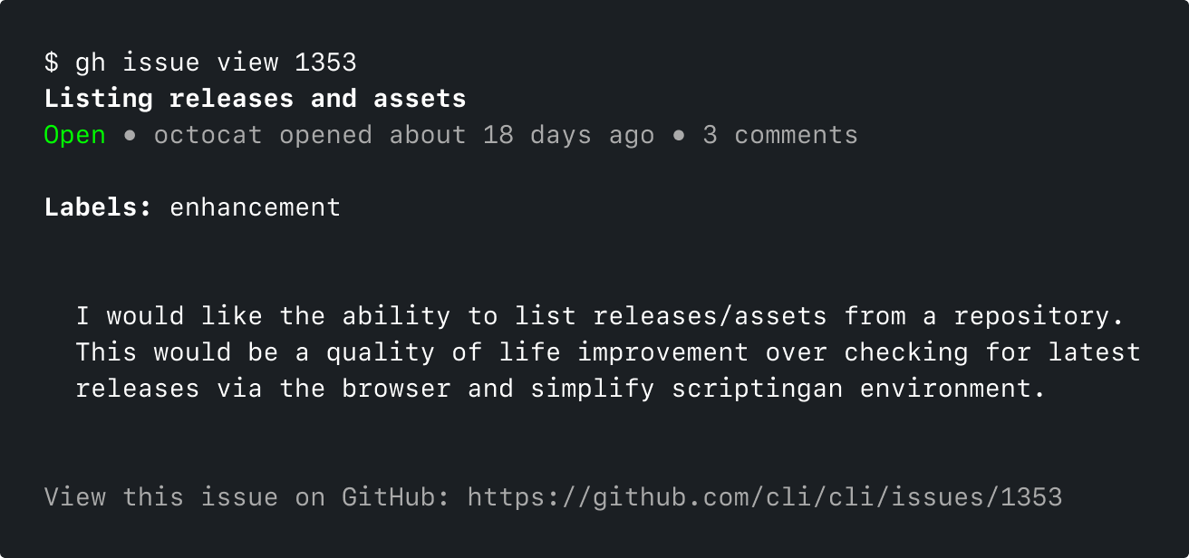 An example of gh issue view