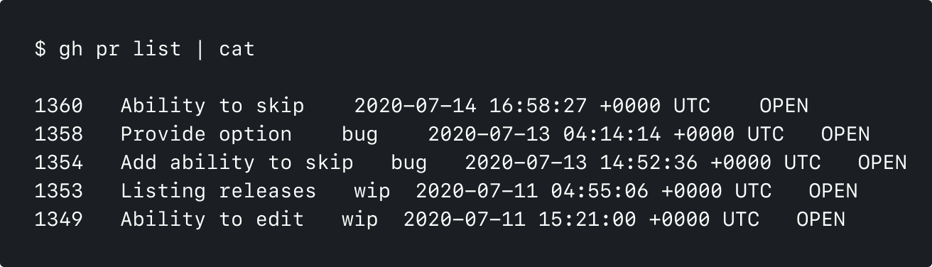 An example of gh pr list piped through the cat command