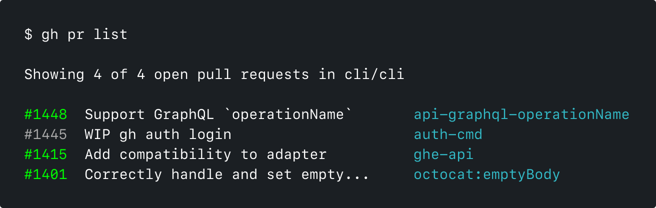 An example of the header of the gh pr list command