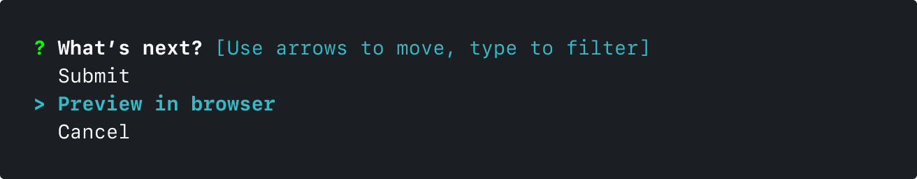 A prompt asking 'What's next?' with the choice 'Preview in browser' selected.