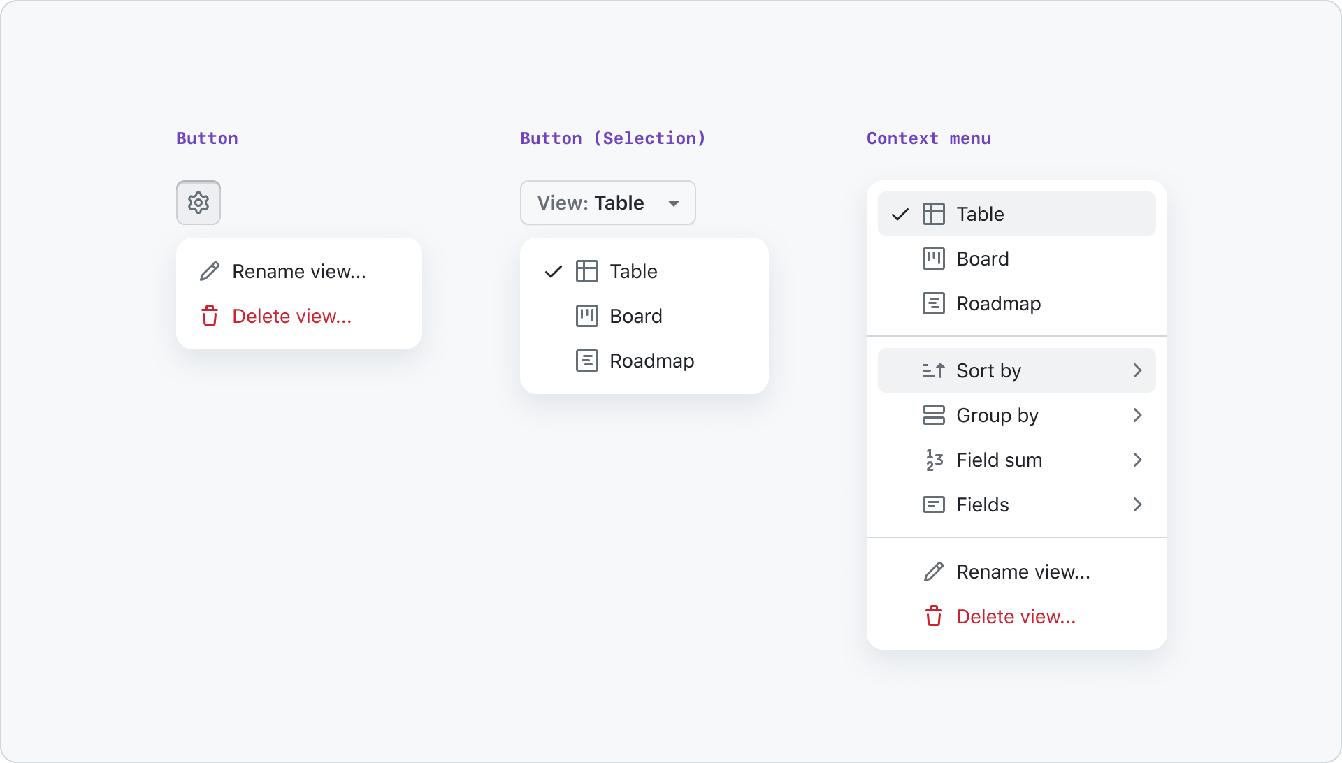 Three instances of action menus. The initial one comprises an icon button that provides two actions. The second one displays a button labeled View:Table and presents three choices (Table, Board, and Roadmap), with Table being the currently selected option. Finally, the third menu is a context menu that appears on right-click and contains a diverse set of options, including single select, submenus, and actions.