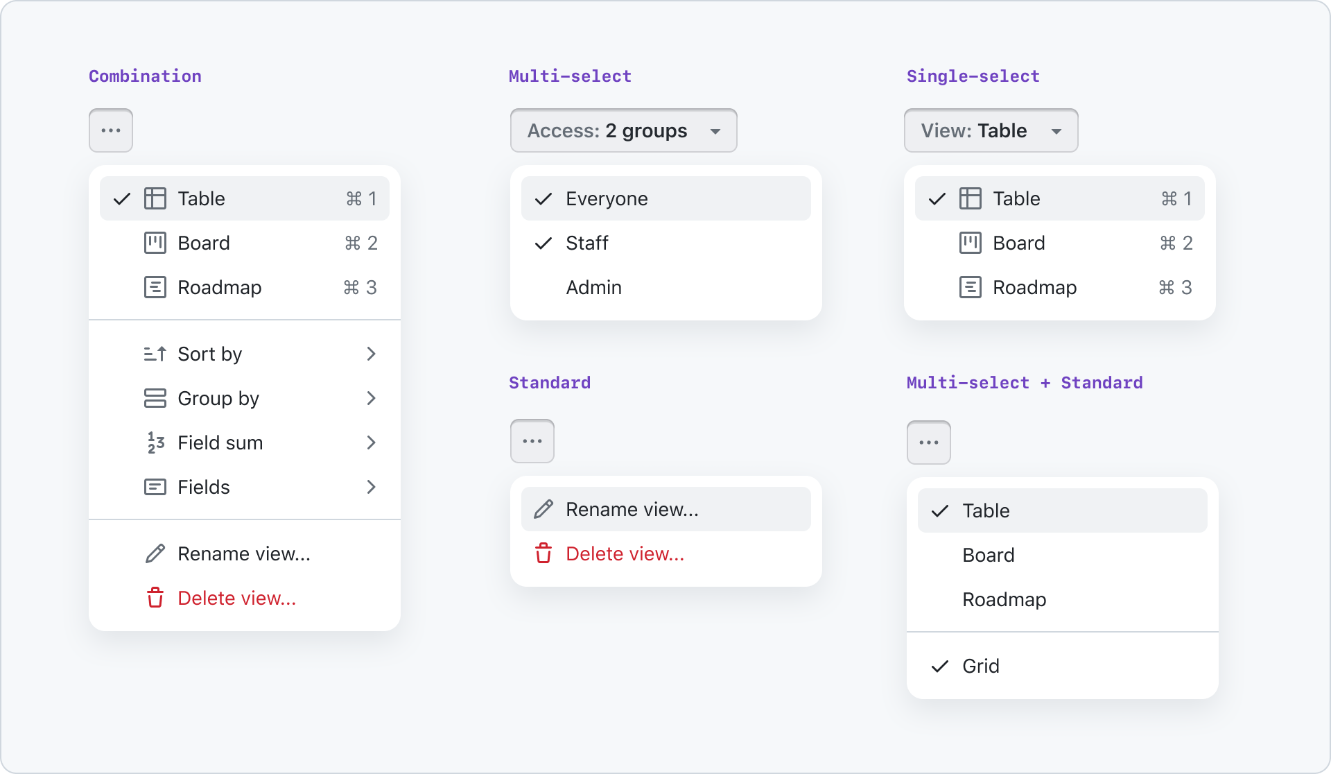 Five examples of how an action menu can be utilized, which includes a context menu, multi-select, single-select, actions, and a combination of multi-select and single-select.