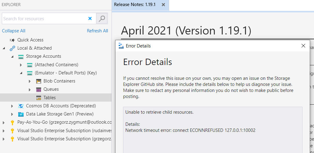 Unable to retrieve child resource error for storage emulator. · Issue
