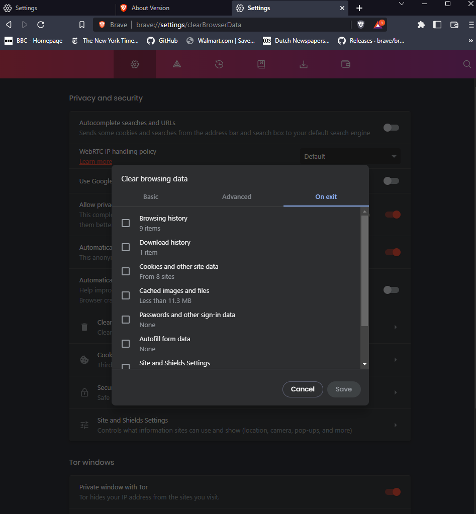 `On exit` tab doesn't list items beneath the `Passwords and other sign