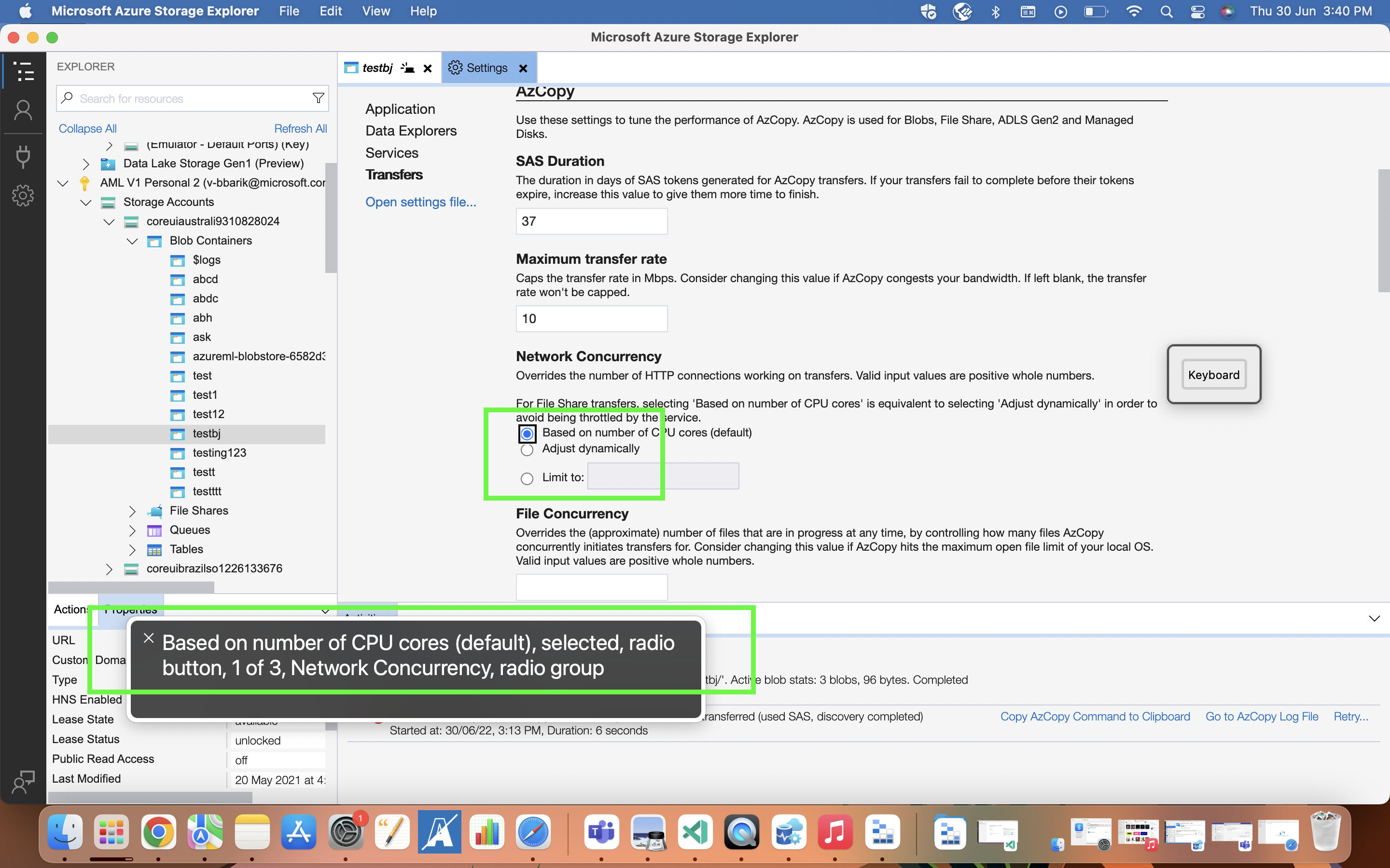 A11y_Azure Tools Storage Explorer_Settings_Transfers_ScreenReader When