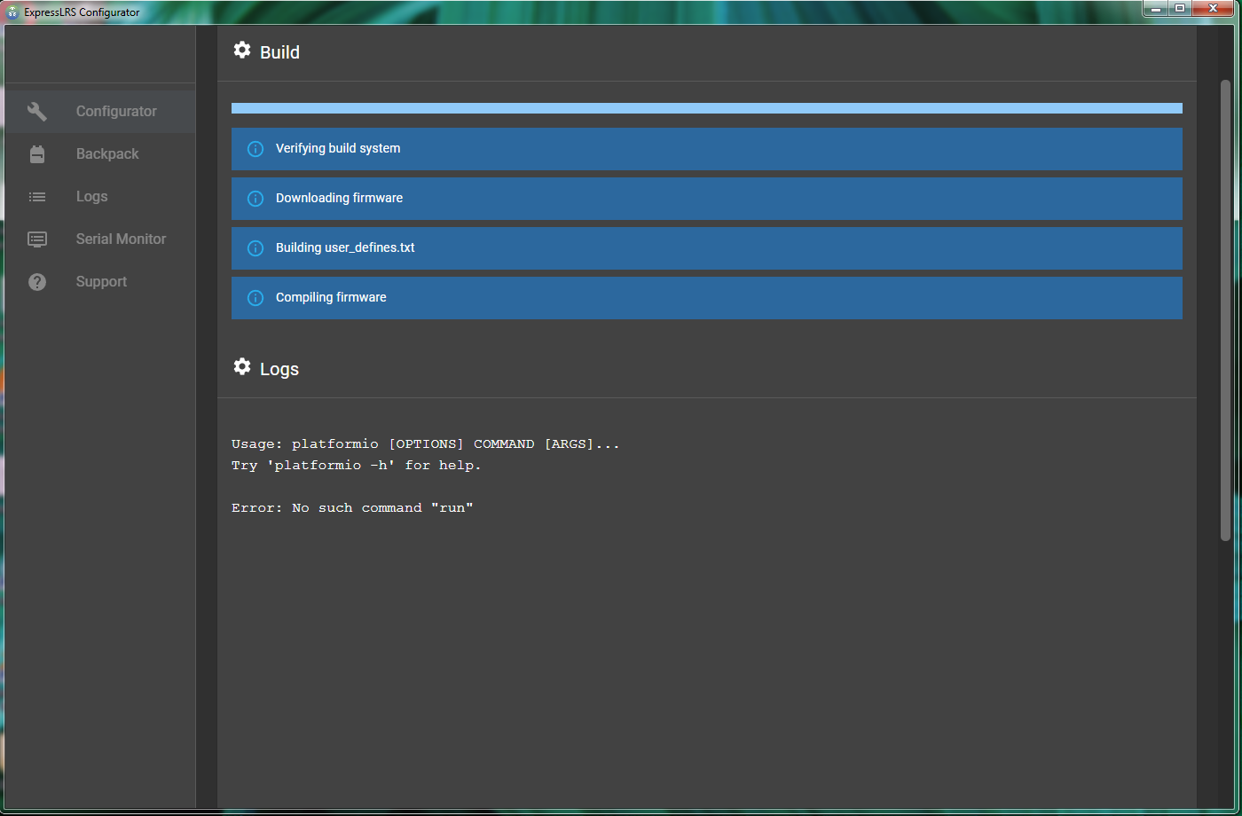ExpressLRS Configurator V1 3 6 Usage Platformio OPTIONS COMMAND