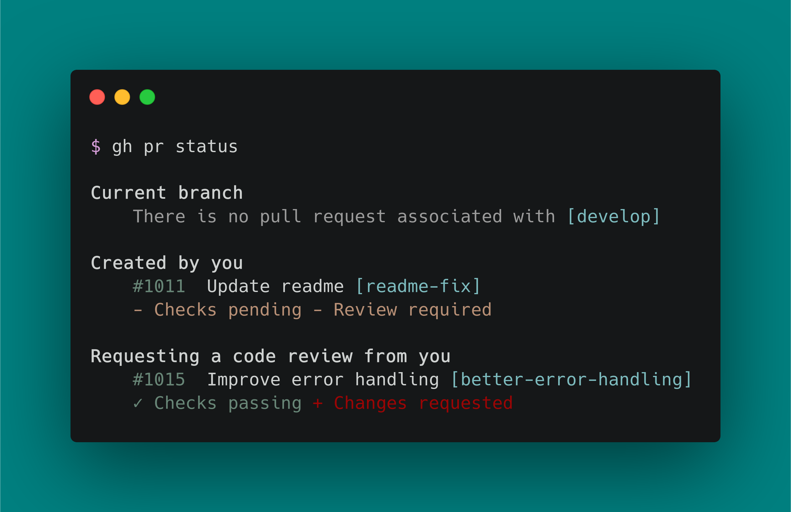 mockup of command-line interface running gh pr status command which outputs the details of all open pull requests in a repository