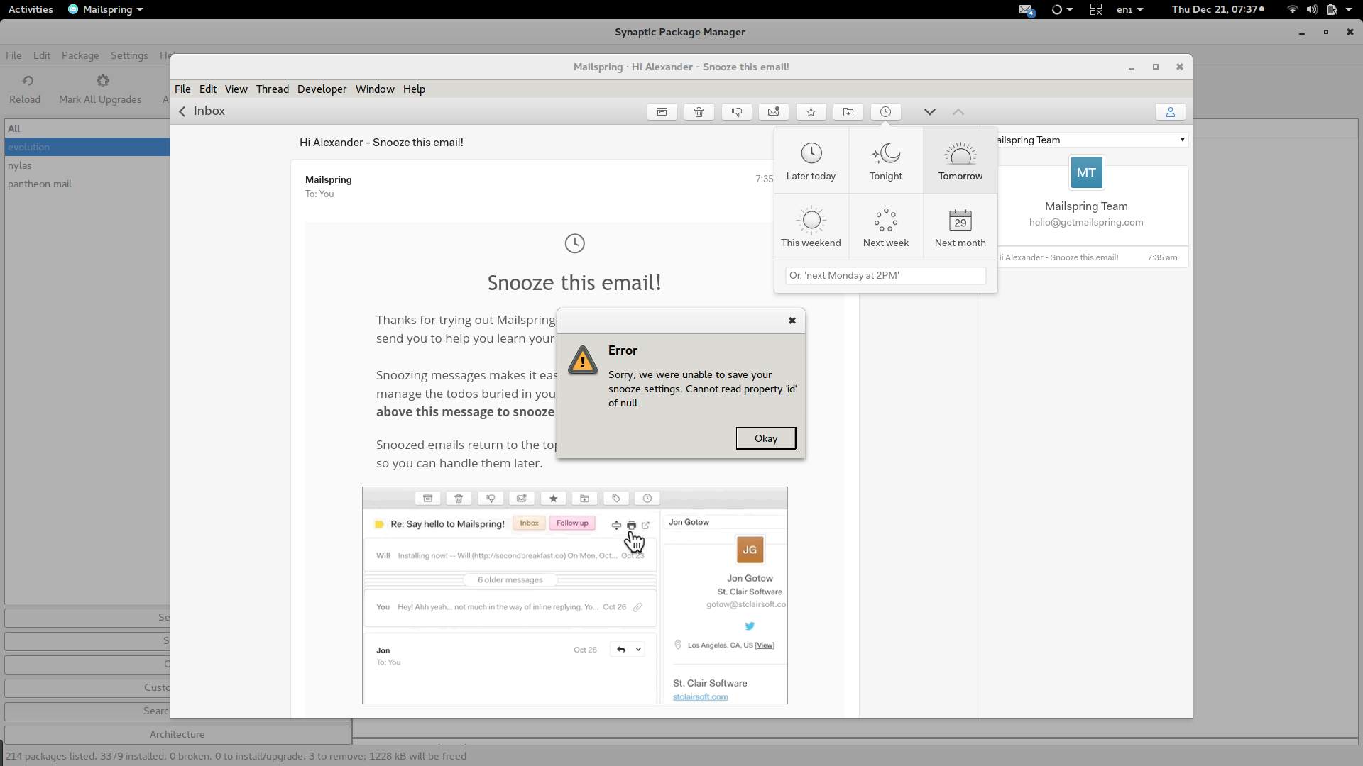 Snooze unable to save · Issue #464 · Foundry376/Mailspring · GitHub