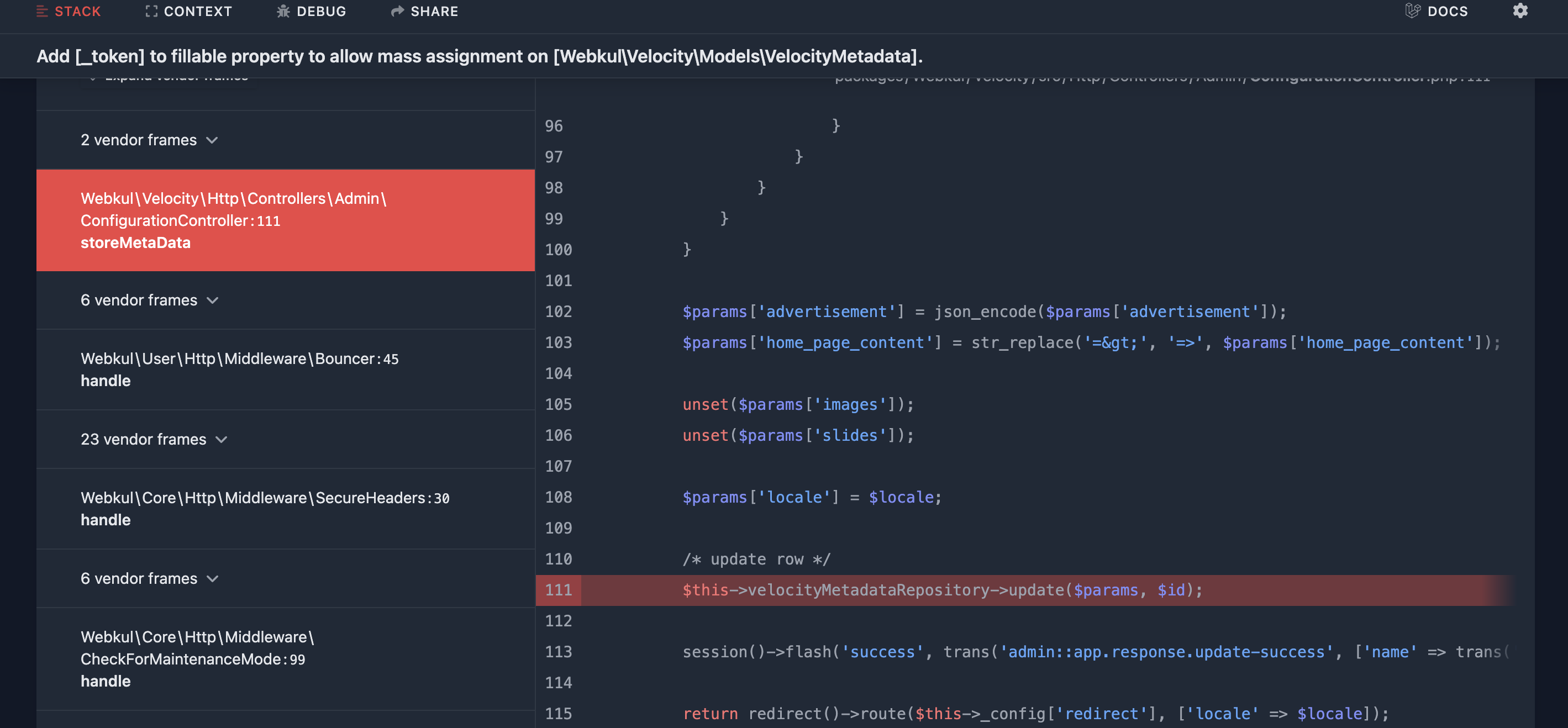 There is an exception while the admin is updating the Velocity meta ...