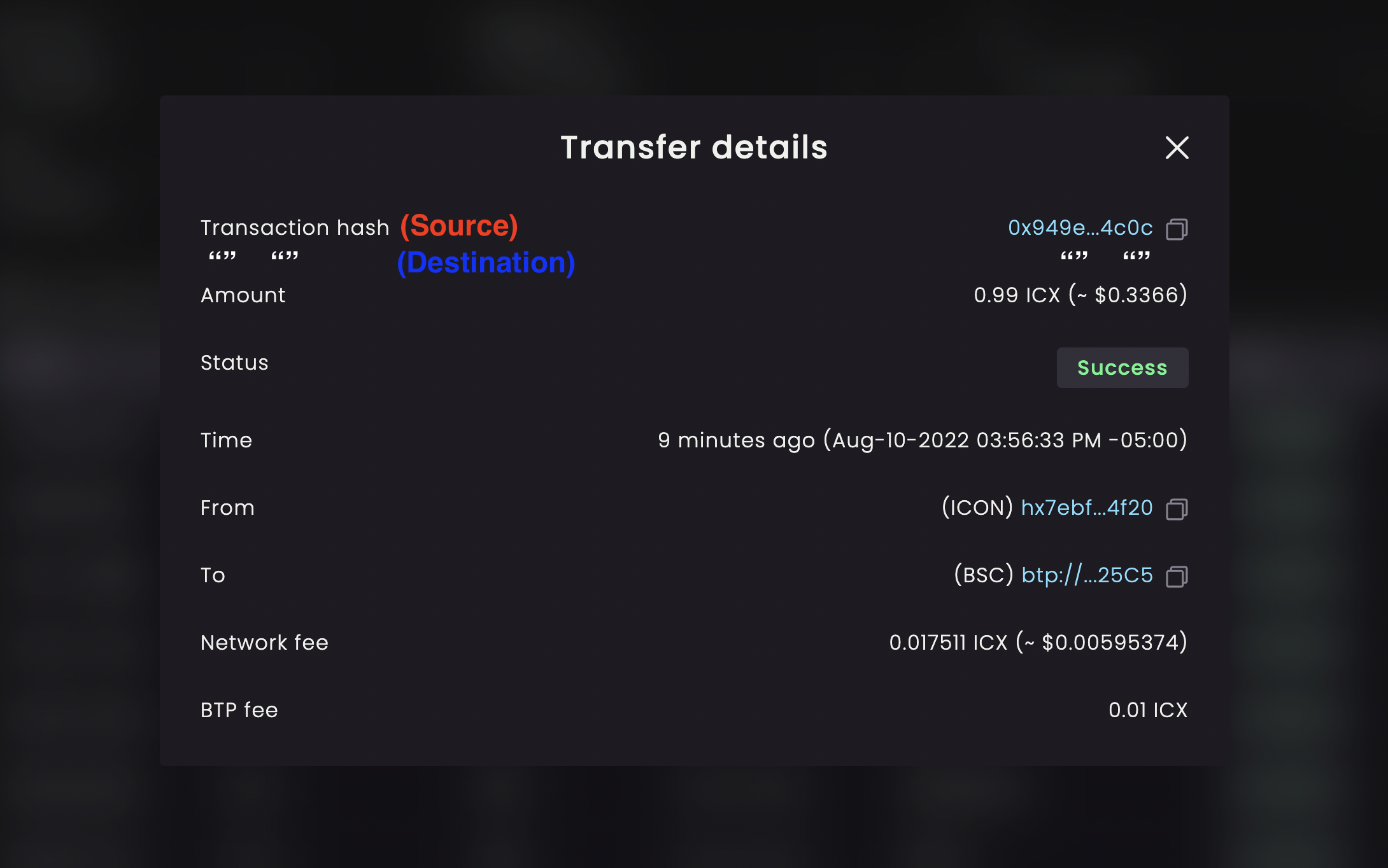 Transfer details to show both "Source" tx hash AND "Destination" tx