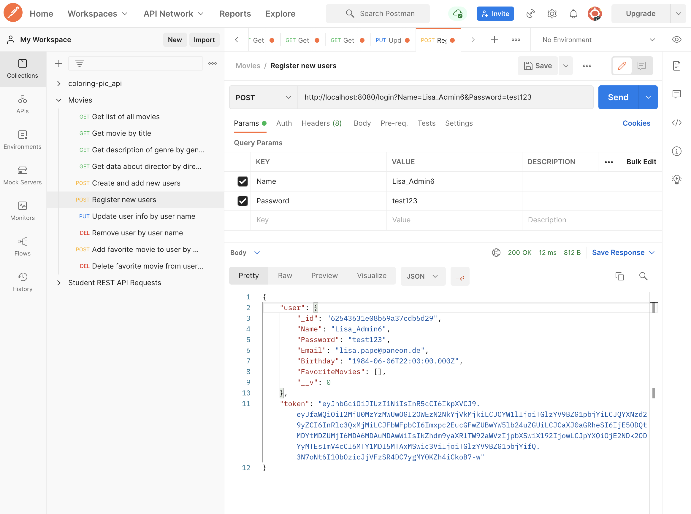 Screenshot Postman with POST endpoint for login