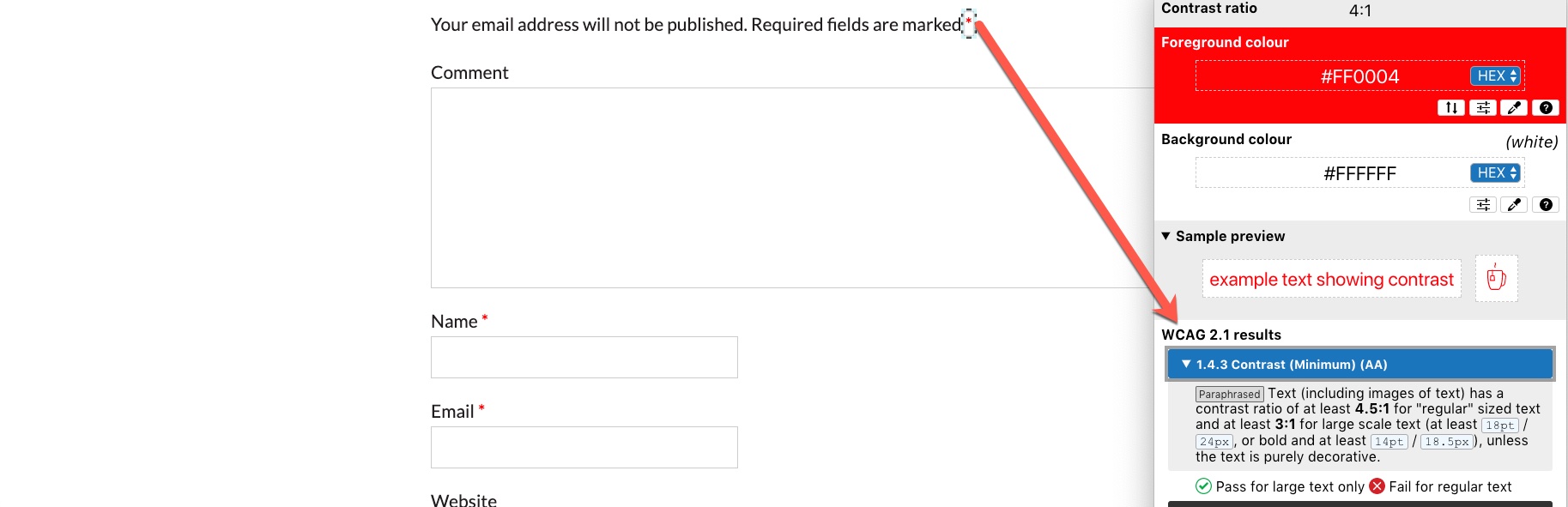 Screenshot of color contrast analyzer showing issue