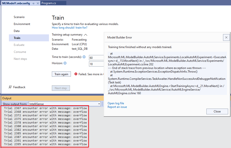 Forecasting: Training error with message "overflow" when setting ...