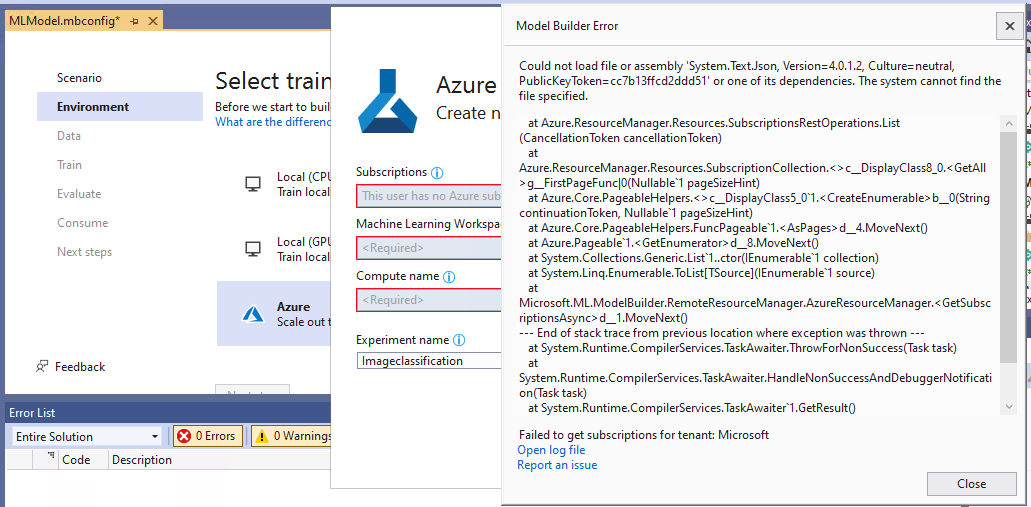 Model builder error occurs when setting up workspace on the Environment ...