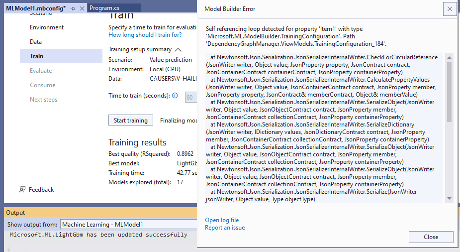 All scenarios are training failed with model builder error. · Issue ...