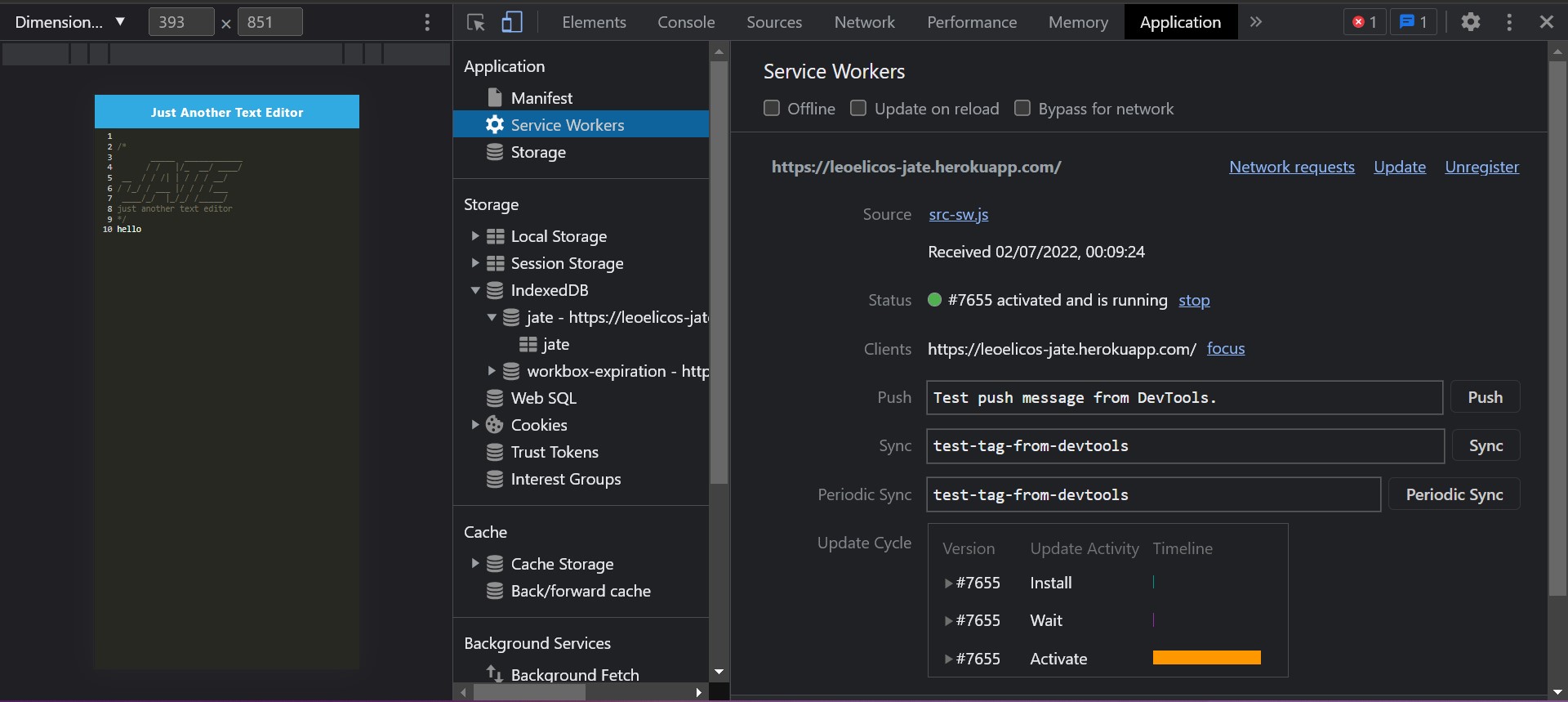 registered service worker in the browser.