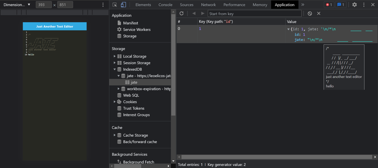 IndexedDB storage named 'txtly' in the browser.