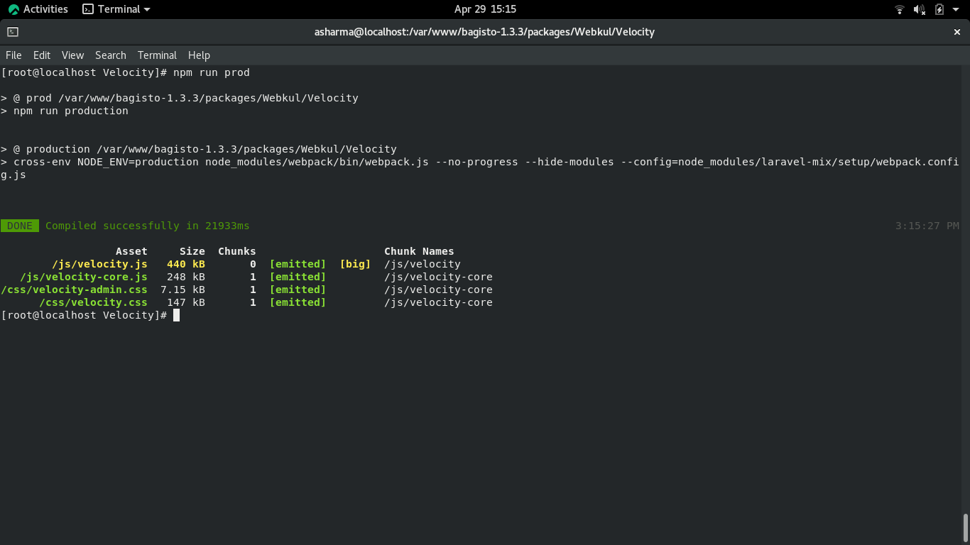 npm commands are throwing errors in Velocity package in bagisto version