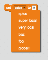 Variable dropdown menu screenshot