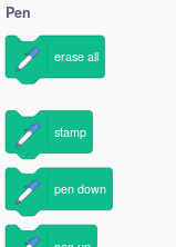 The blocks "erase all", "stamp", "pen down"; there is a larger space between erase-all and stamp.